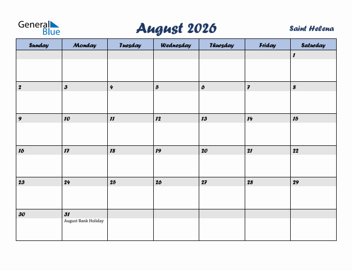 August 2026 Calendar with Holidays in Saint Helena