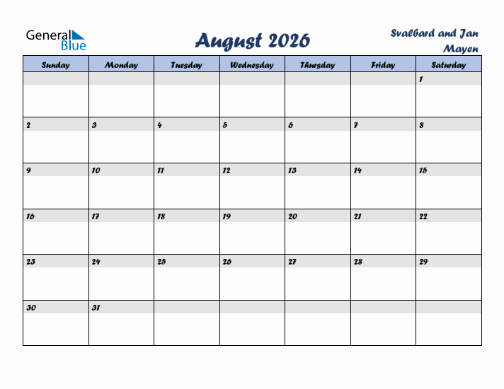 August 2026 Calendar with Holidays in Svalbard and Jan Mayen