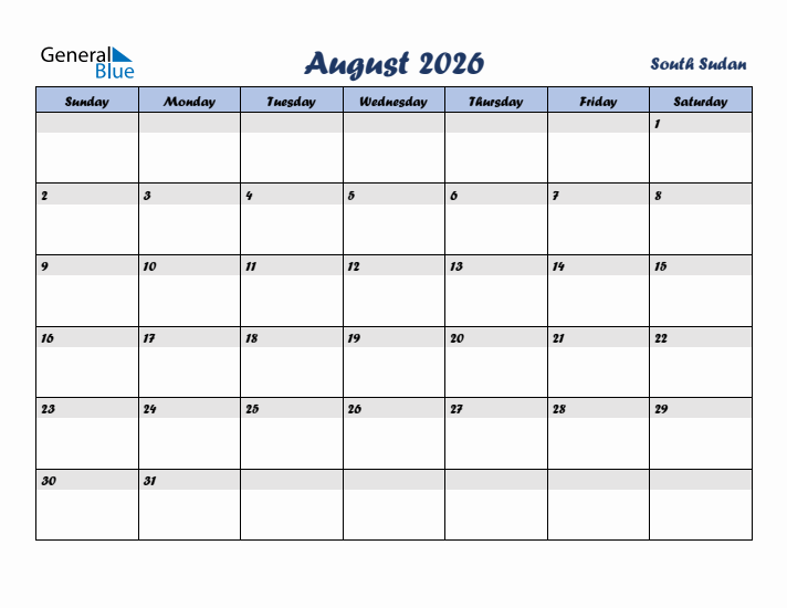 August 2026 Calendar with Holidays in South Sudan