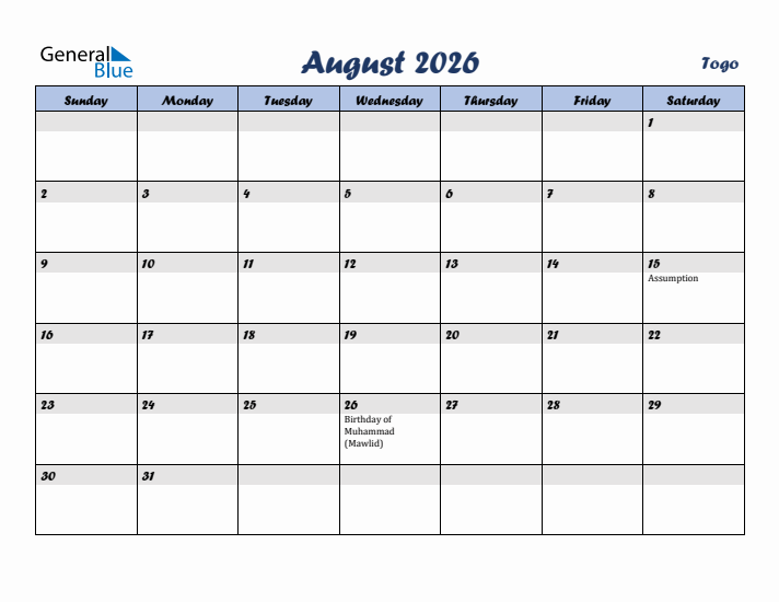 August 2026 Calendar with Holidays in Togo