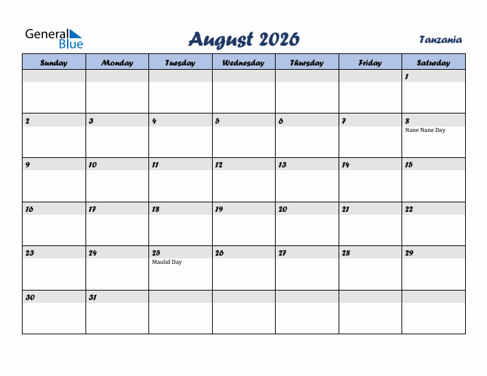 August 2026 Calendar with Holidays in Tanzania
