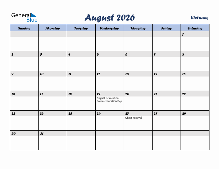 August 2026 Calendar with Holidays in Vietnam