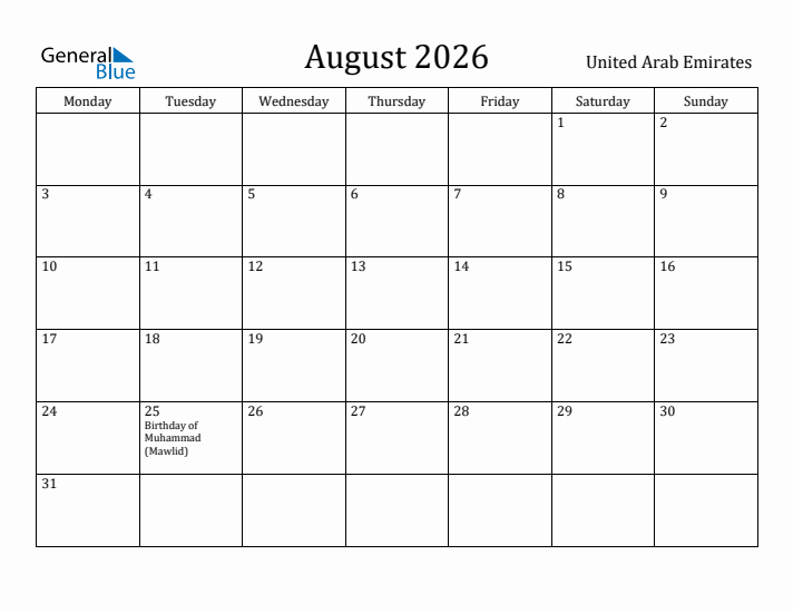 August 2026 Calendar United Arab Emirates