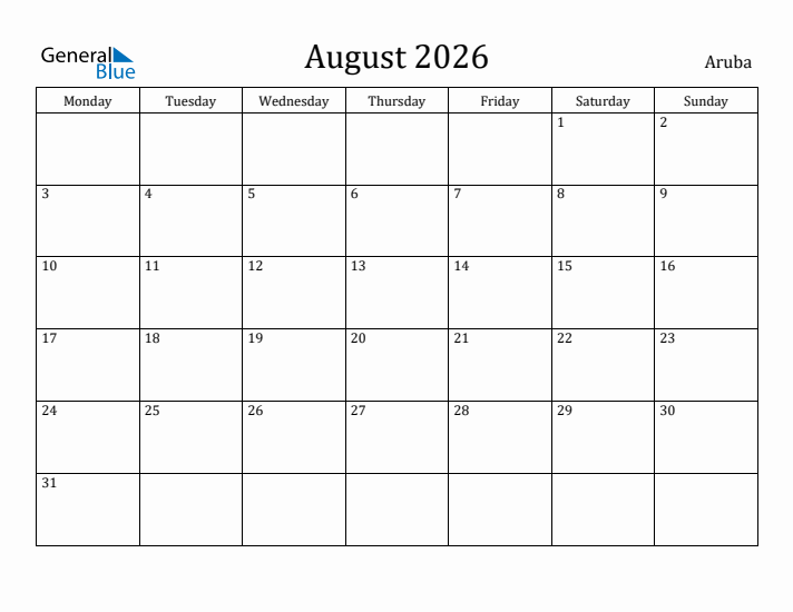 August 2026 Calendar Aruba