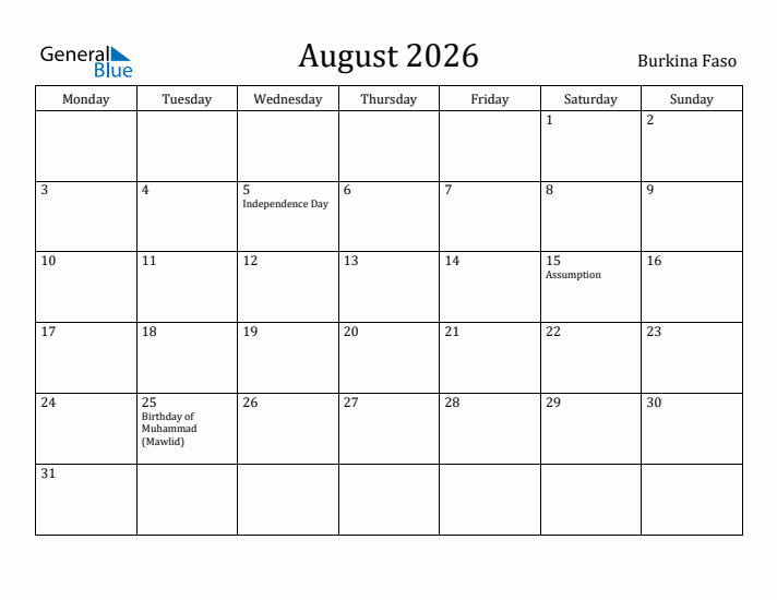 August 2026 Calendar Burkina Faso