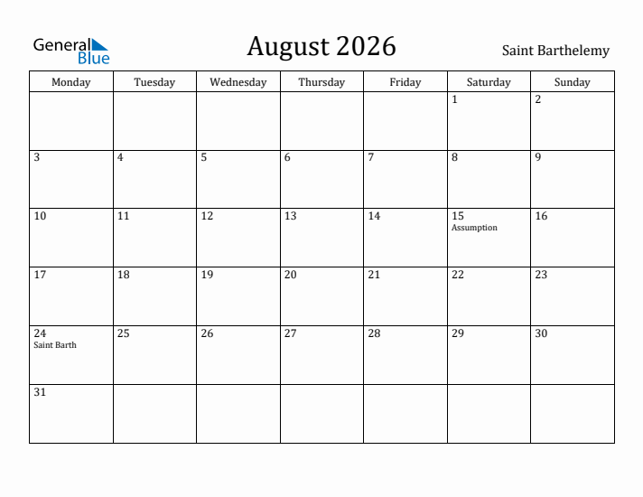 August 2026 Calendar Saint Barthelemy