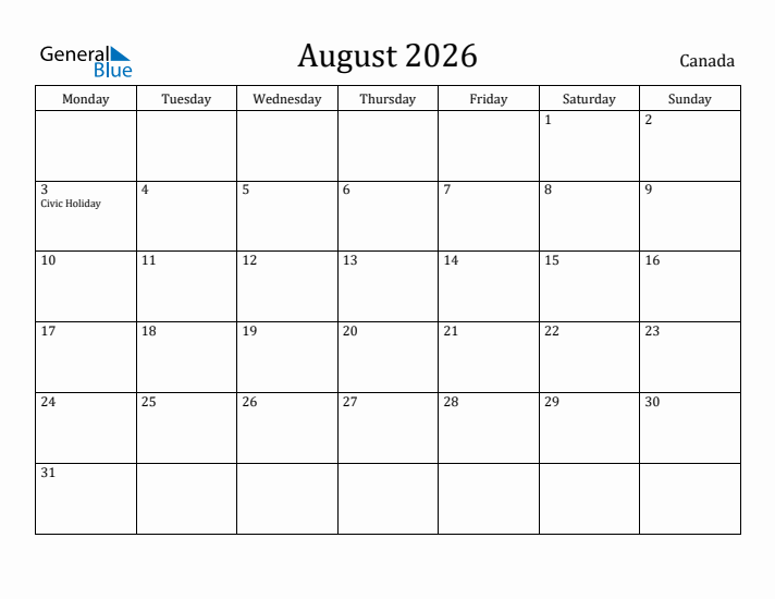 August 2026 Calendar Canada
