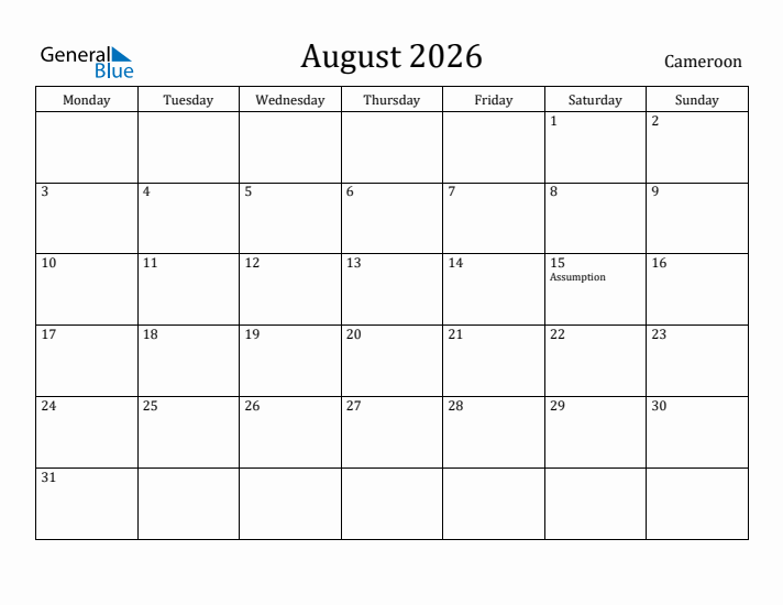 August 2026 Calendar Cameroon