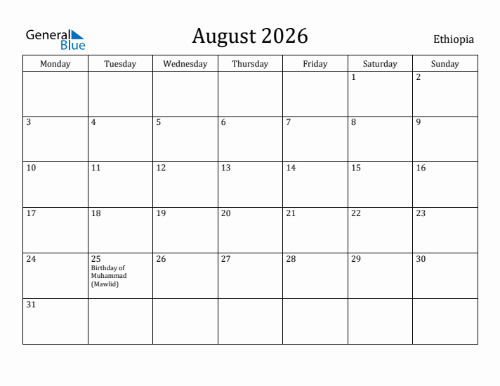 August 2026 Calendar Ethiopia