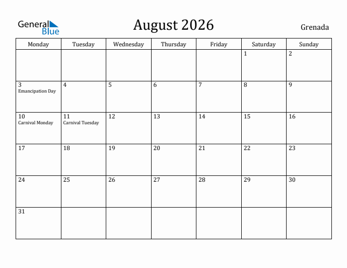 August 2026 Calendar Grenada