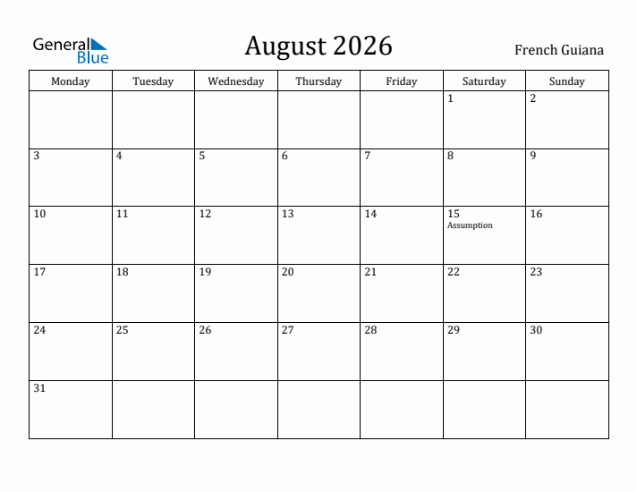August 2026 Calendar French Guiana