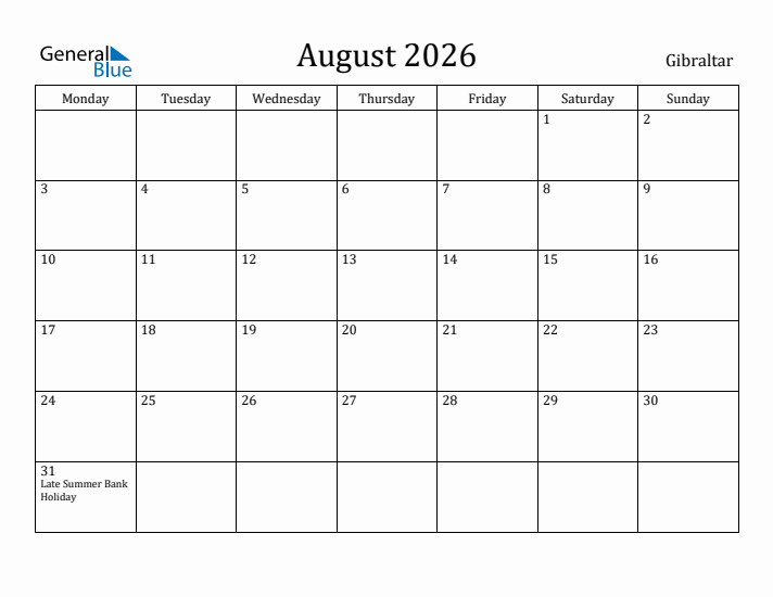 August 2026 Calendar Gibraltar