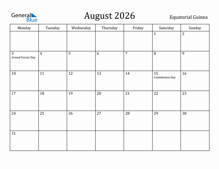 August 2026 Calendar Equatorial Guinea