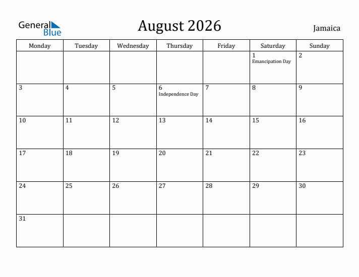August 2026 Calendar Jamaica