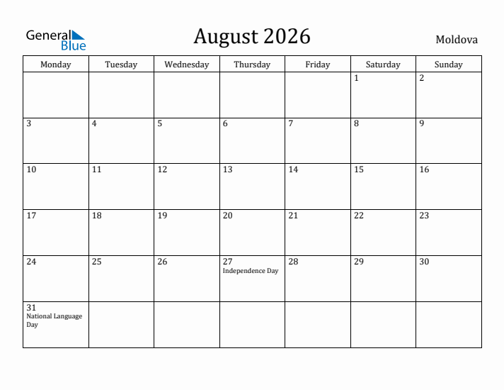 August 2026 Calendar Moldova