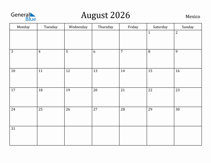 August 2026 Calendar Mexico