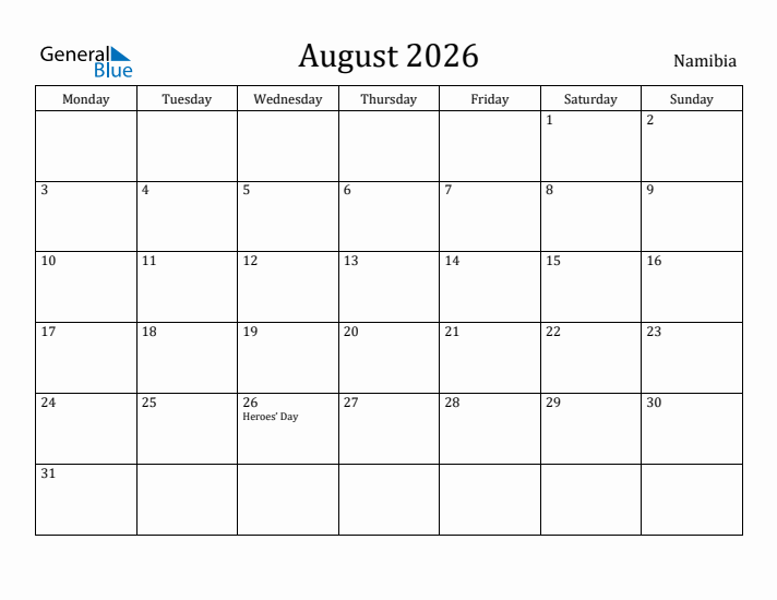 August 2026 Calendar Namibia