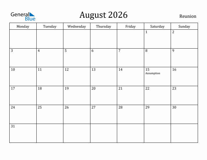 August 2026 Calendar Reunion