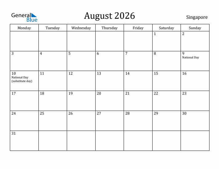August 2026 Calendar Singapore