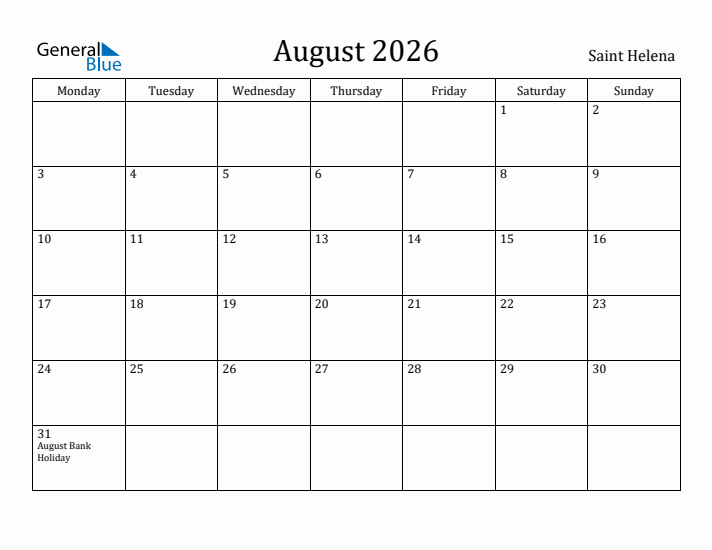 August 2026 Calendar Saint Helena