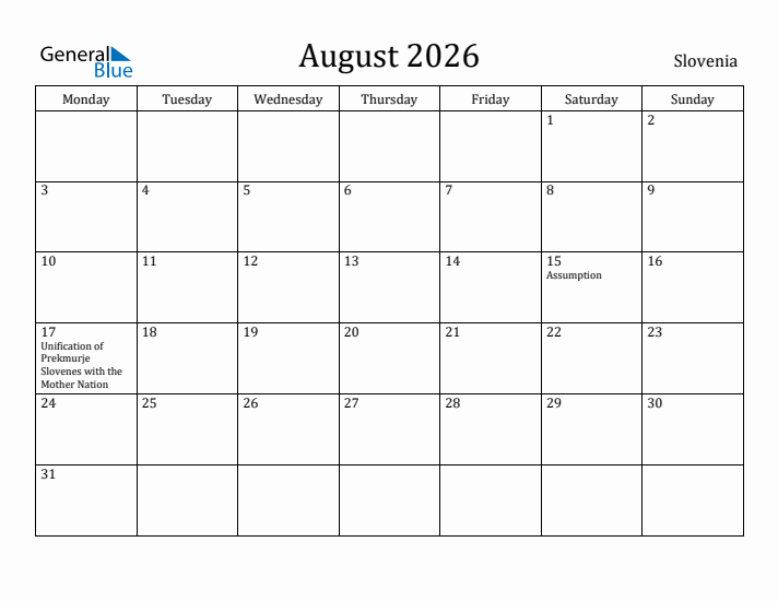 August 2026 Calendar Slovenia