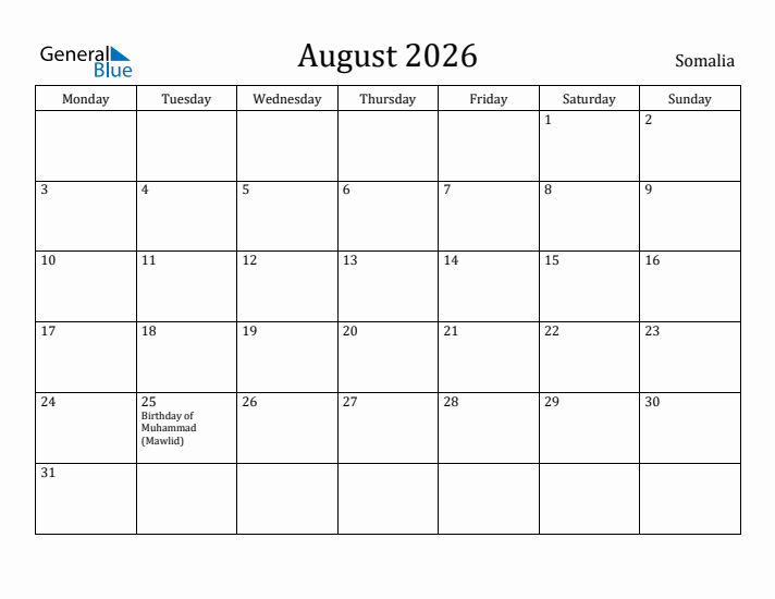 August 2026 Calendar Somalia