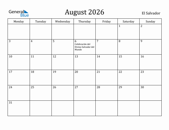 August 2026 Calendar El Salvador