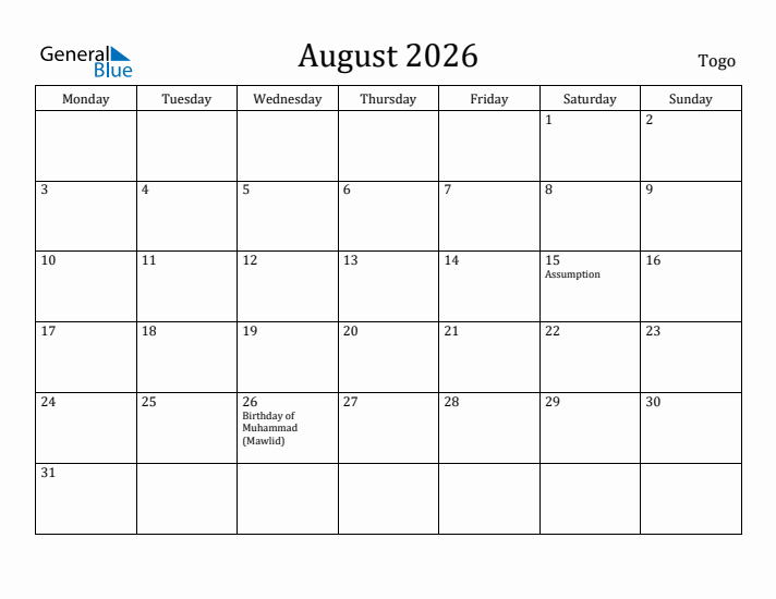 August 2026 Calendar Togo
