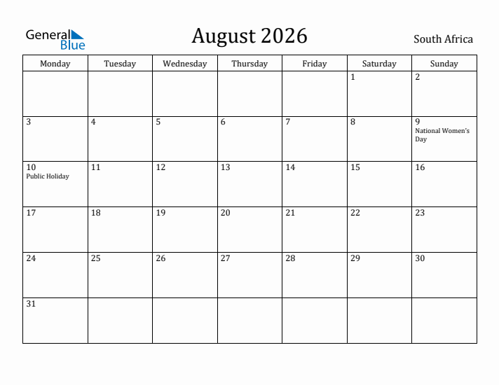 August 2026 Calendar South Africa