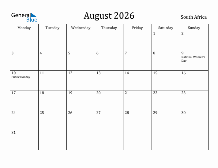 August 2026 - South Africa Monthly Calendar with Holidays