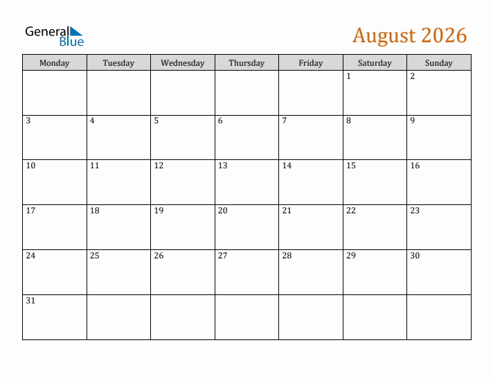 Editable August 2026 Calendar