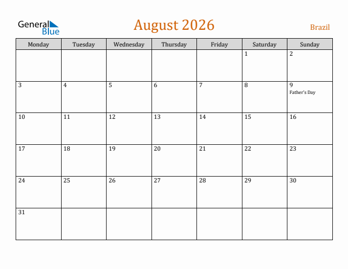 August 2026 Holiday Calendar with Monday Start