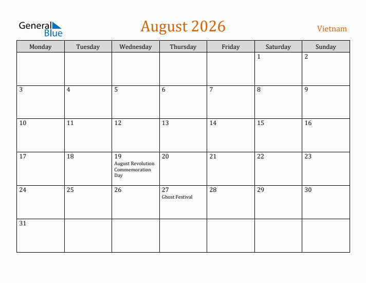 August 2026 Holiday Calendar with Monday Start