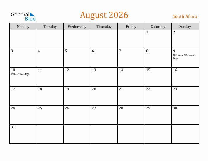 August 2026 Holiday Calendar with Monday Start