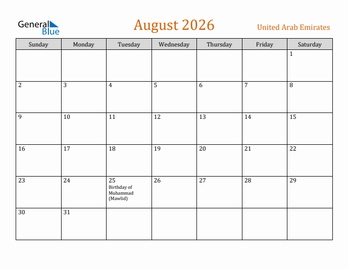 August 2026 Holiday Calendar with Sunday Start