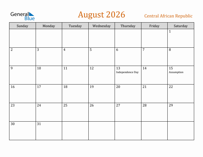 August 2026 Holiday Calendar with Sunday Start