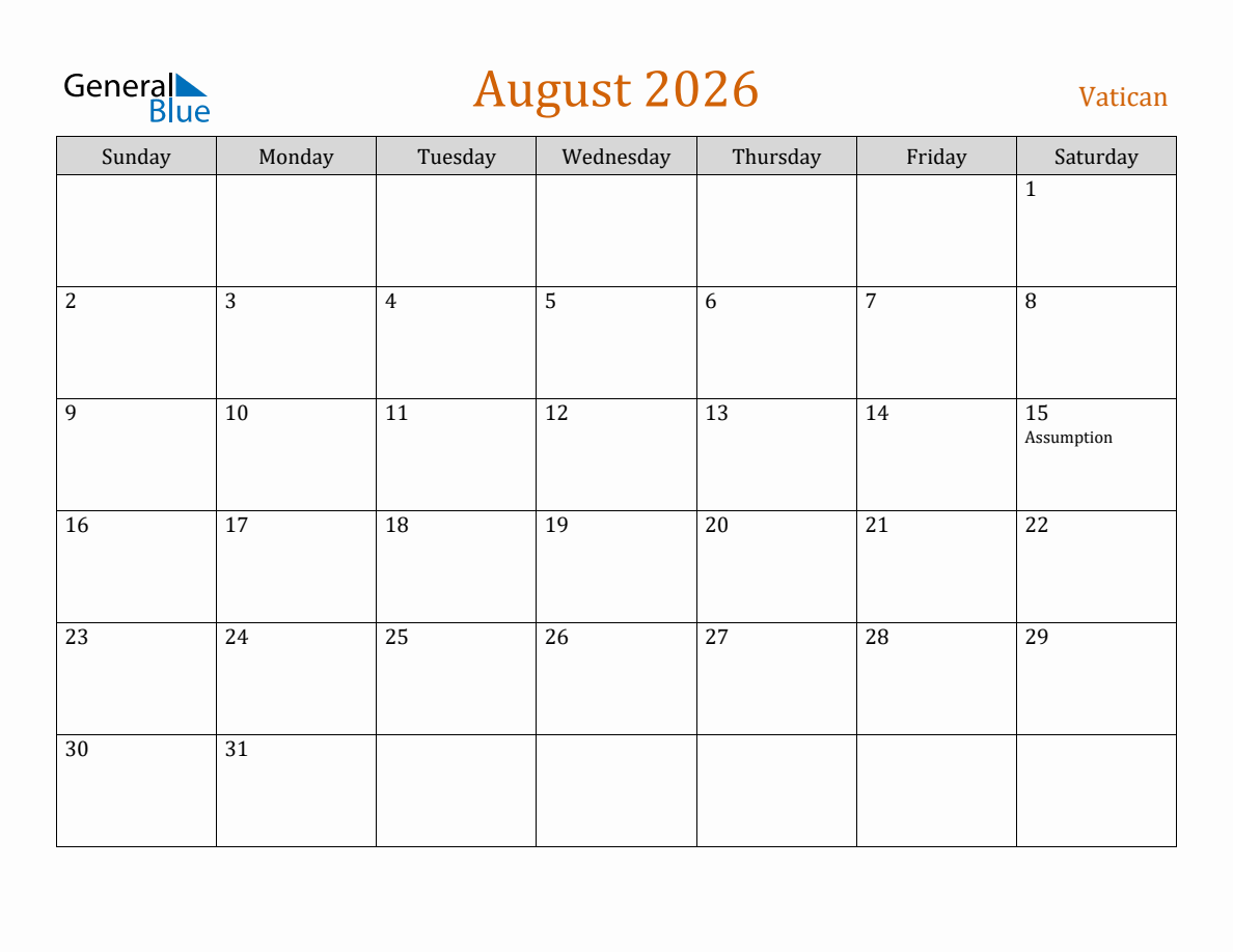 Free August 2026 Vatican Calendar