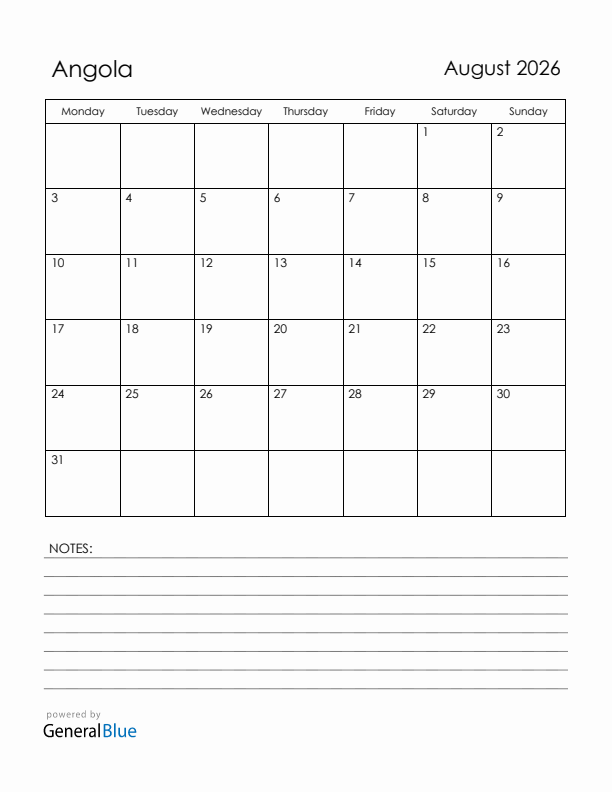 August 2026 Angola Calendar with Holidays (Monday Start)