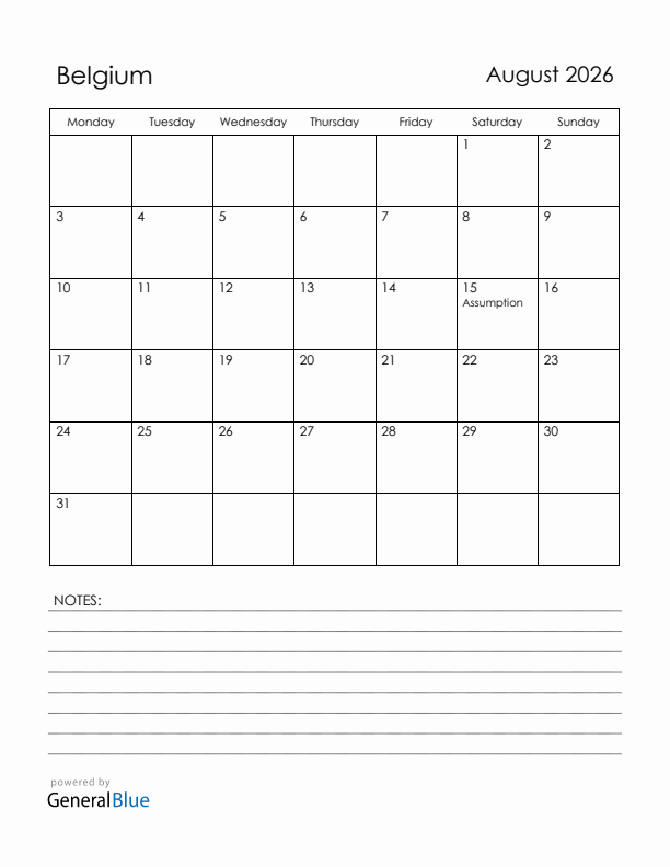 August 2026 Belgium Calendar with Holidays (Monday Start)