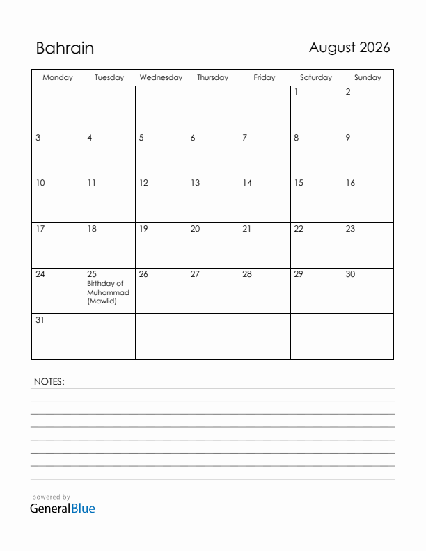 August 2026 Bahrain Calendar with Holidays (Monday Start)