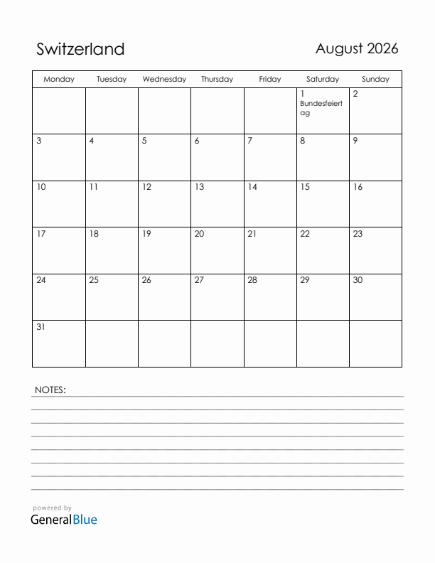 August 2026 Switzerland Calendar with Holidays (Monday Start)