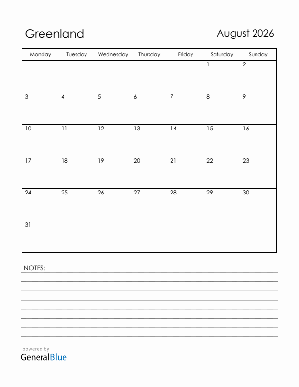 August 2026 Greenland Calendar with Holidays (Monday Start)