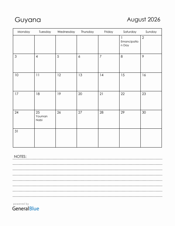 August 2026 Guyana Calendar with Holidays (Monday Start)