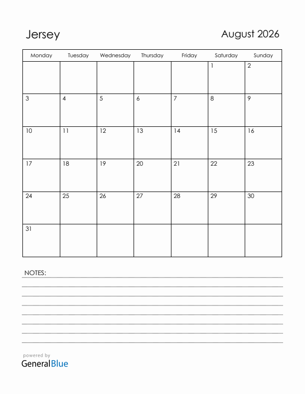 August 2026 Jersey Calendar with Holidays (Monday Start)
