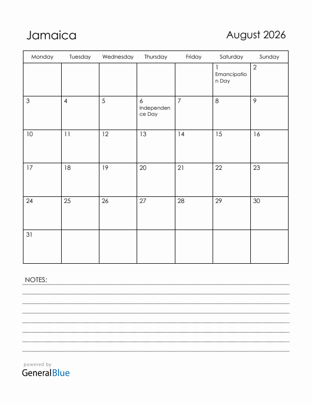 August 2026 Jamaica Calendar with Holidays (Monday Start)