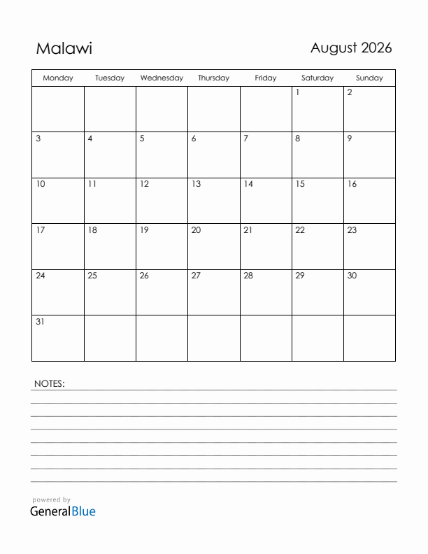 August 2026 Malawi Calendar with Holidays (Monday Start)
