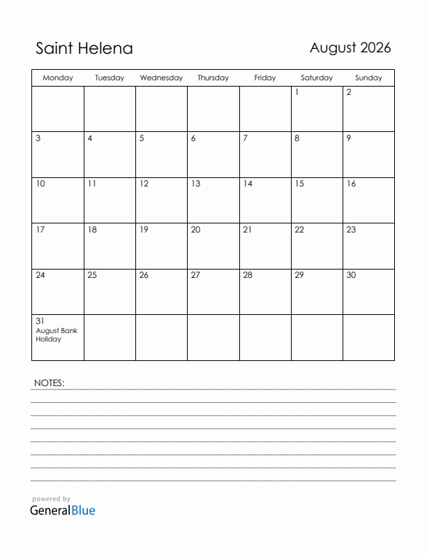 August 2026 Saint Helena Calendar with Holidays (Monday Start)