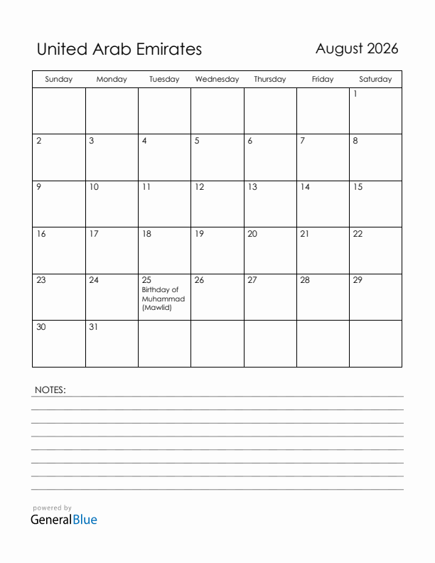 August 2026 United Arab Emirates Calendar with Holidays (Sunday Start)