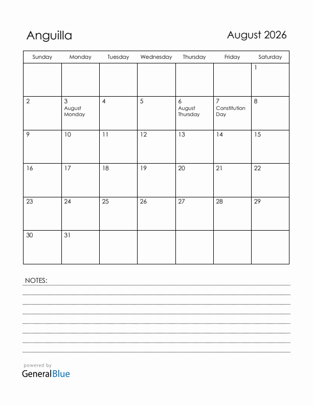 August 2026 Anguilla Calendar with Holidays (Sunday Start)