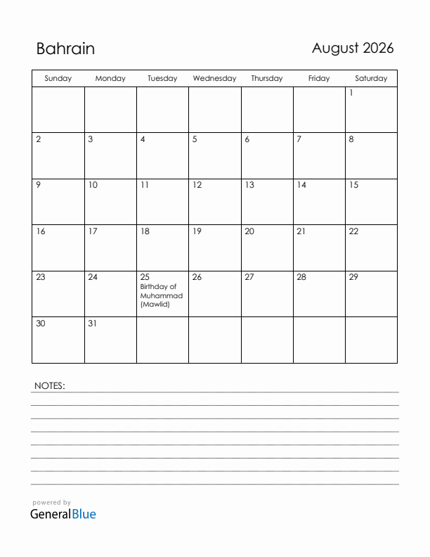 August 2026 Bahrain Calendar with Holidays (Sunday Start)